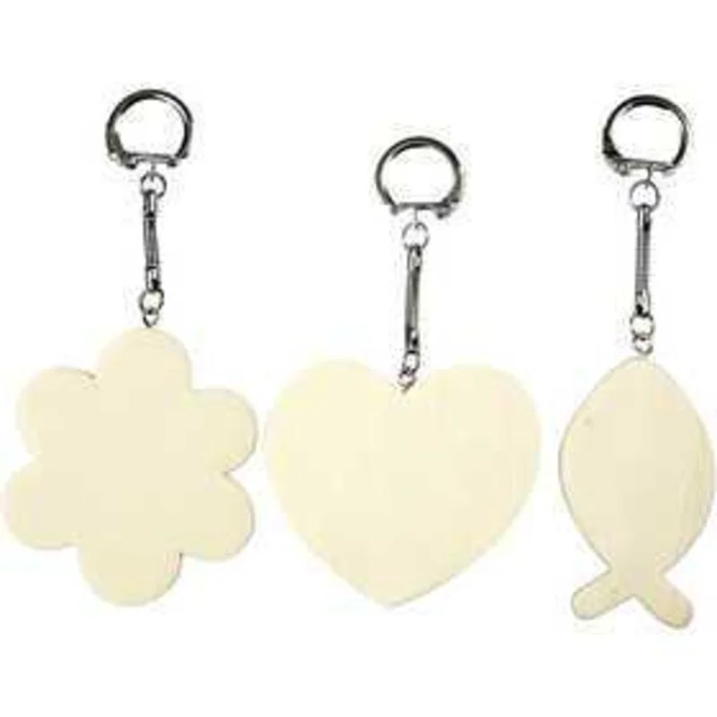 Porte-clés avec pendentif en bois, dim. 6-7 cm, ép. 3 mm, 3pièces