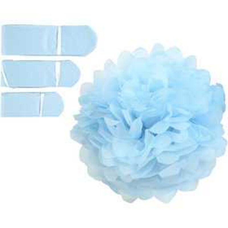 Pompons en papier, bleu clair, d: 20+24+30 cm, 16 gr, 3pièces