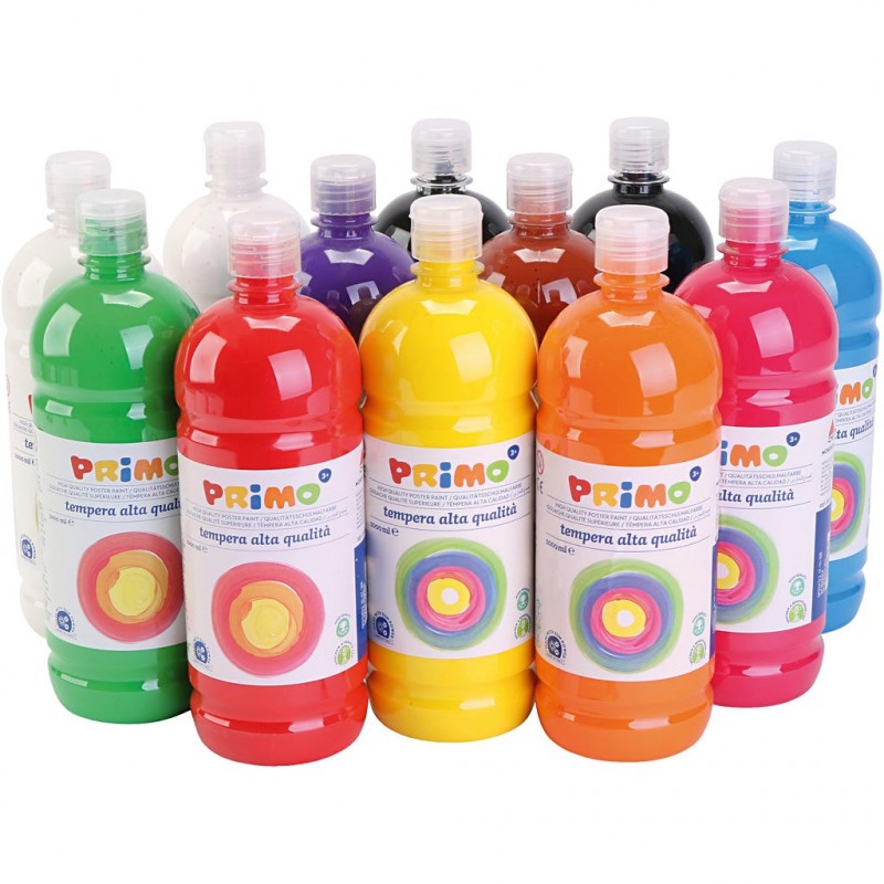 Peinture scolaire PRIMO, couleurs assorties, mate, 12x1000 ml/ 1 Pq.