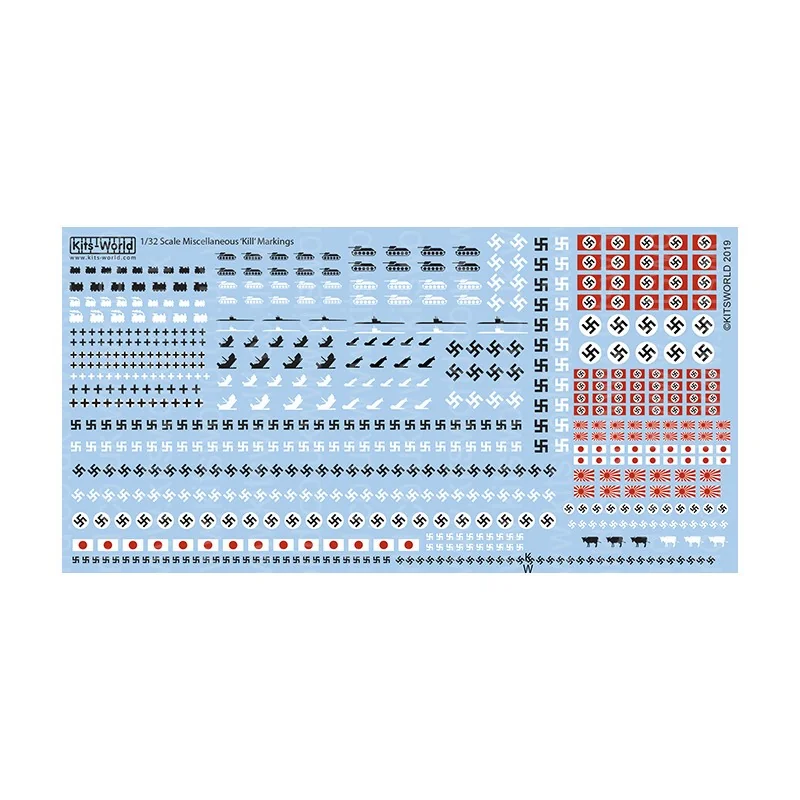 Décal Divers marquages ​​génériques "Kill" dans des tailles assorties pour l'échelle 1/32. Croix gammées différents styles et ta