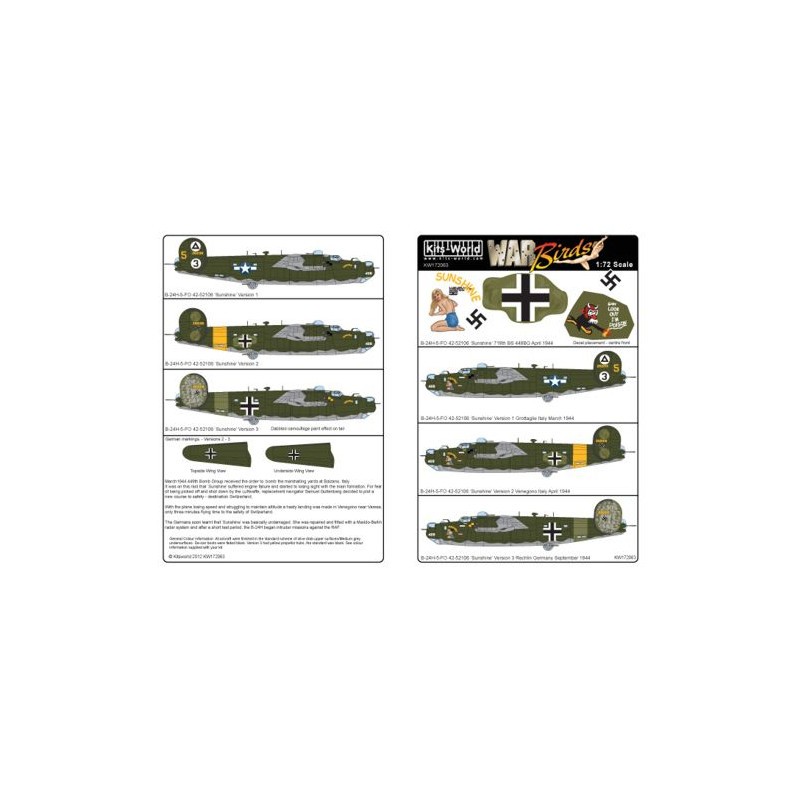 Décal Aéronef capturé Consolidated B-24H-5-FO Liberator 42-52106 'Sunshine' 719th BS 449BG Avril 1944 Marquages ​​US