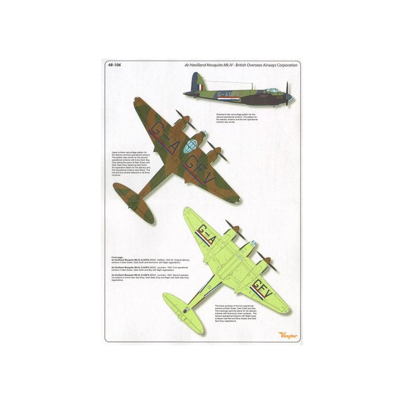 Décal de Havilland Mosquito Mk.IV British Overseas Airways Corporation G-AGFV dans un choix de 3 schémas