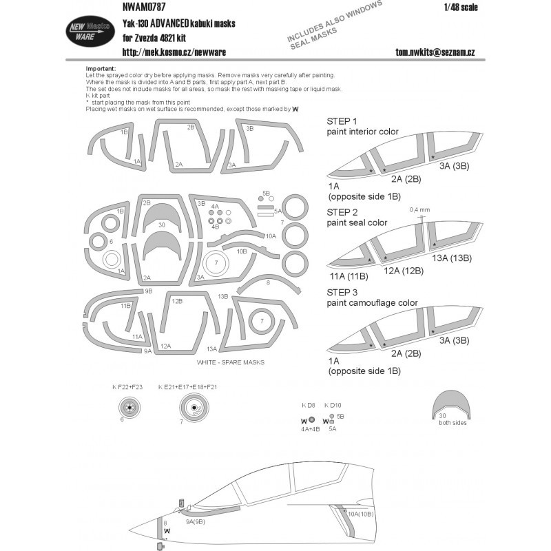 Masques kabuki Yakovlev Yak-130 ADVANCED verrière d'avion comprenant joint de fenêtres, roues, bouclier antireflet, nez, détails