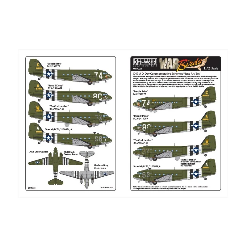 Décal Douglas C-47A Dakota 'Boogie Baby' Z4 C-292277 ??' C-47 'Boop B Doop' 8C A-2414089 ??' C-47 'C'est tout frère' 3X, 292847,