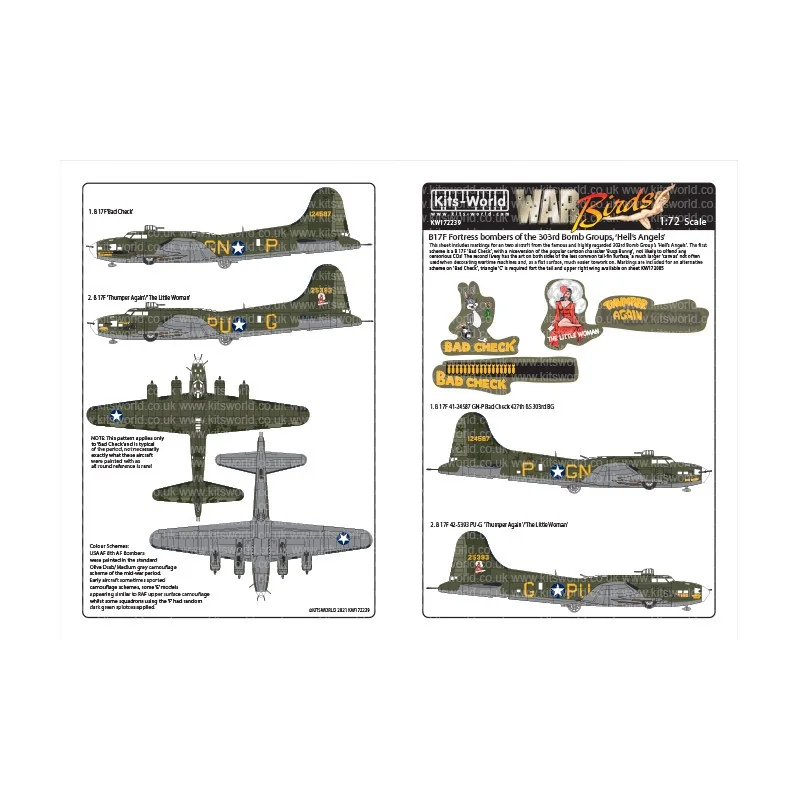 Décal Boeing B-17F Flying Fortress 41-24587 GN-P Bad Check 427th BS 303rd BG.B-17F 42-5393 PU-G Thumper Again/The Little Woman B