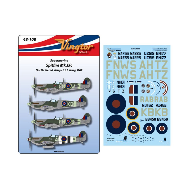 Décal Supermarine Spitfire Mk.IXc North Weald 132 Wing RAF (5) EN177 AH-X ou AH-T 332 Sqn 1943; MJ462 RAB Wg/CO Rolf Arne Berg; 