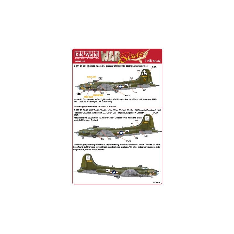 Décal Boeing B-17F-27-BO Flying Fortress 41-24605 'Knockout Dropper' 359th BS 303rd BG (BN-R) - B-17F-25-DL 42-3082 'Double Trou