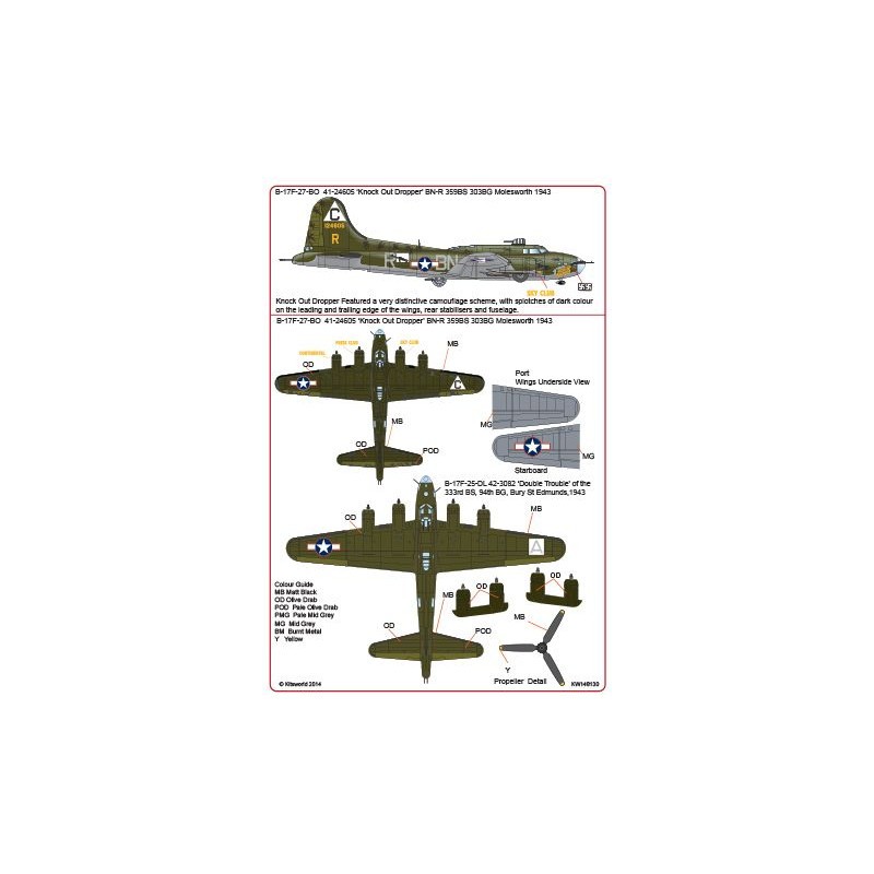 Décal Boeing B-17F-27-BO Flying Fortress 41-24605 'Knockout Dropper' 359th BS 303rd BG (BN-R) - B-17F-25-DL 42-3082 'Double Trou