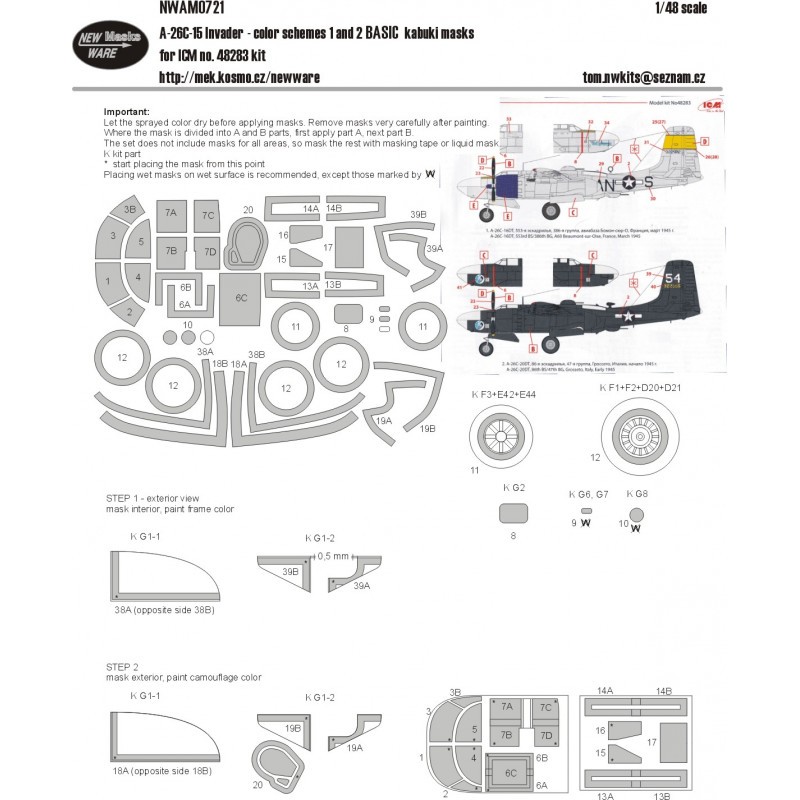 Douglas A-26C-15 Invader - palettes de couleurs 1 et 2 BASIC kabuki masque toutes les fenêtres, roues, autres pièces transparent