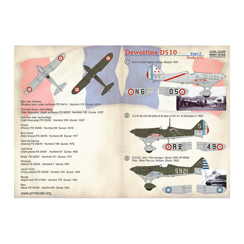 Décal Dewoitine D.510. Partie 21. D.510 du 8th Fighter Group, Barjols 1937.2. D.510 № 219 (R-249) de la 3ème Esc du GC ll/1 à Et