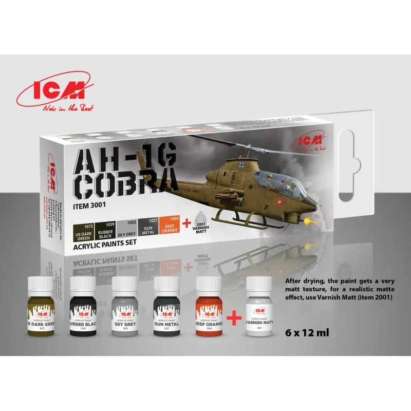 Kit de peinture acrylique pour hélicoptère d'attaque américain ICM Bell AH-1G Cobra (conçu pour être utilisé avec les kits ICM) 