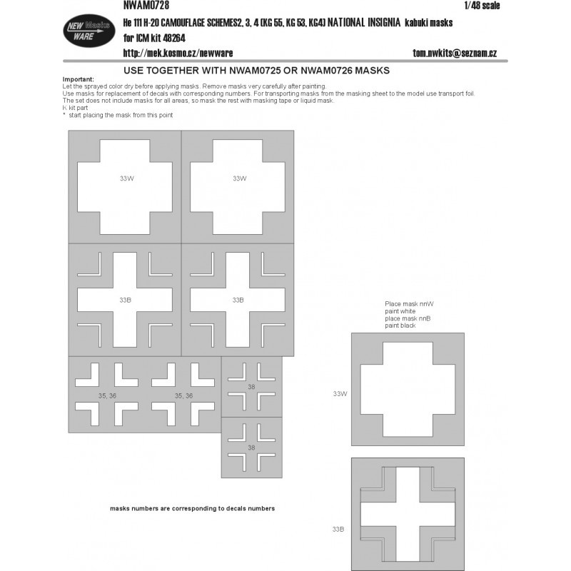 Schémas de camouflage Heinkel He-111H-20 2, 3, 4 (KG55, KG53, KG4) Masques kabuki NATIONAL INSIGNIA (conçus pour être utilisés a