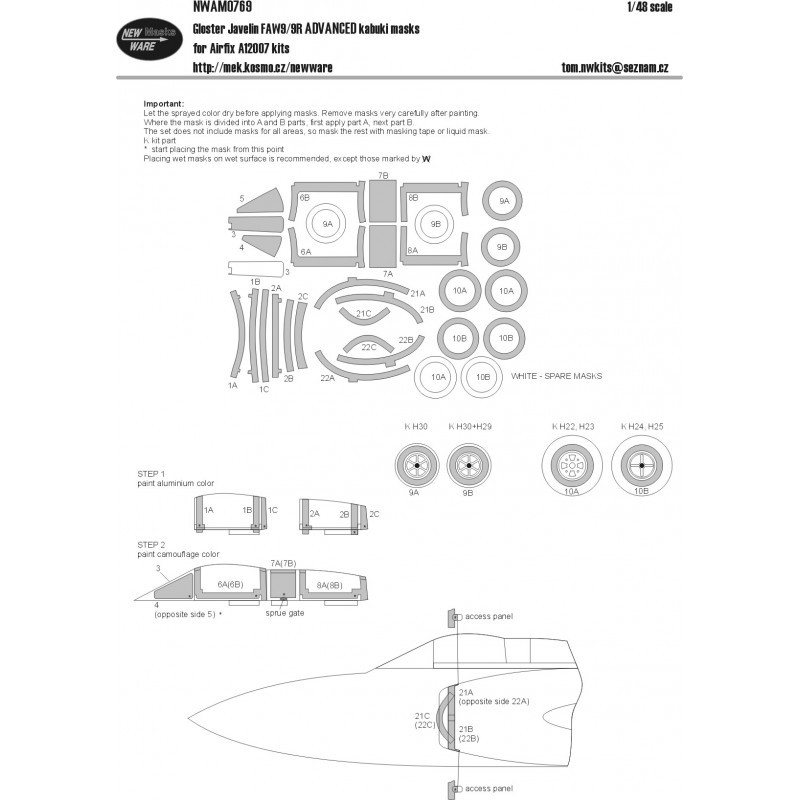 Masques kabuki Gloster Javelin FAW.9/FAW.9R ADVANCED auvent, roues, prises d'air (conçu pour être utilisé avec les kits Airfix)