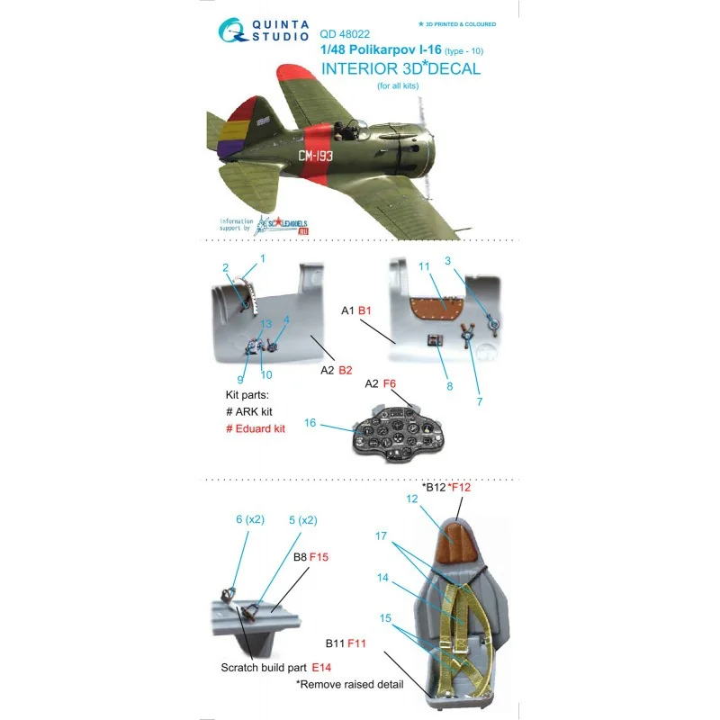 Décalcomanie Polikarpov I-16 type 10 Intérieur coloré et imprimé en 3D sur papier autocollant ((conçu pour être utilisé avec les