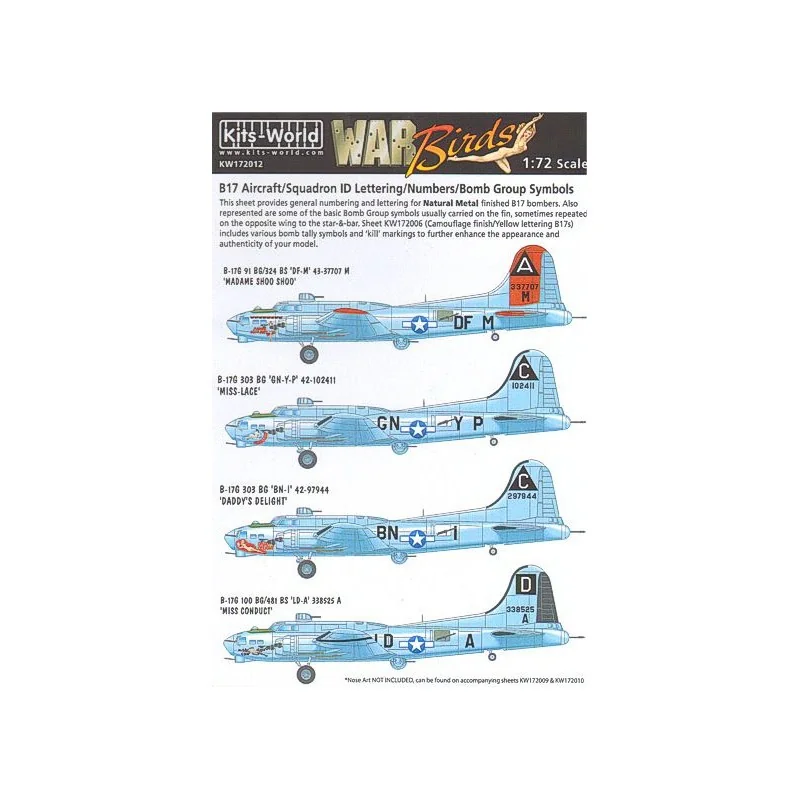 Décal Boeing B-17F/B-17G Flying Fortress Aircraft ID/Squadron ID Lettering Noir et Blanc/Chiffres Noir/Bomb Group Symbols.