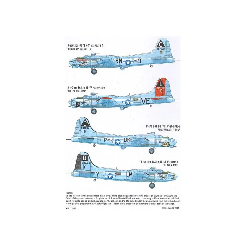 Décal Boeing B-17F/B-17G Flying Fortress Aircraft ID/Squadron ID Lettering Noir et Blanc/Chiffres Noir/Bomb Group Symbols.