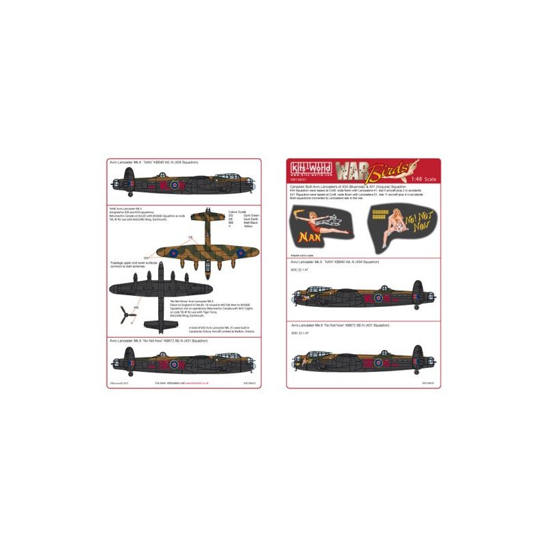 Décal Avro Lancaster Mk.X (2) KB840 WL-N 'Nan' 434 Sqn; KB872 SE-N 'Non pas maintenant' 431 Sqn. Marquages ​​​​d'aéronefs indivi