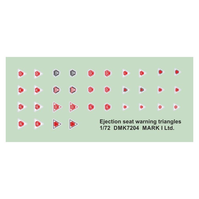 Décal Triangles d'avertissement pour siège éjectable, 2 jeux de différents types Rouge/Noir/Blanc, échelle 2,2 ; 3,0 ; 3,3 ; 3,5