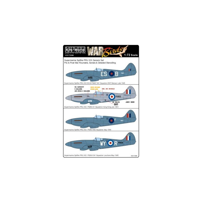 Décal Supermarine Spitfire PRU Mk.XIX comprend des cocardes de la Seconde Guerre mondiale et d'après-guerre, des séries génériqu