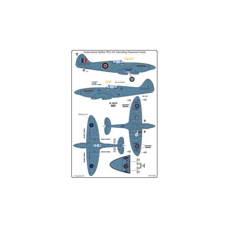 Décal Supermarine Spitfire PRU Mk.XIX comprend des cocardes de la Seconde Guerre mondiale et d'après-guerre, des séries génériqu