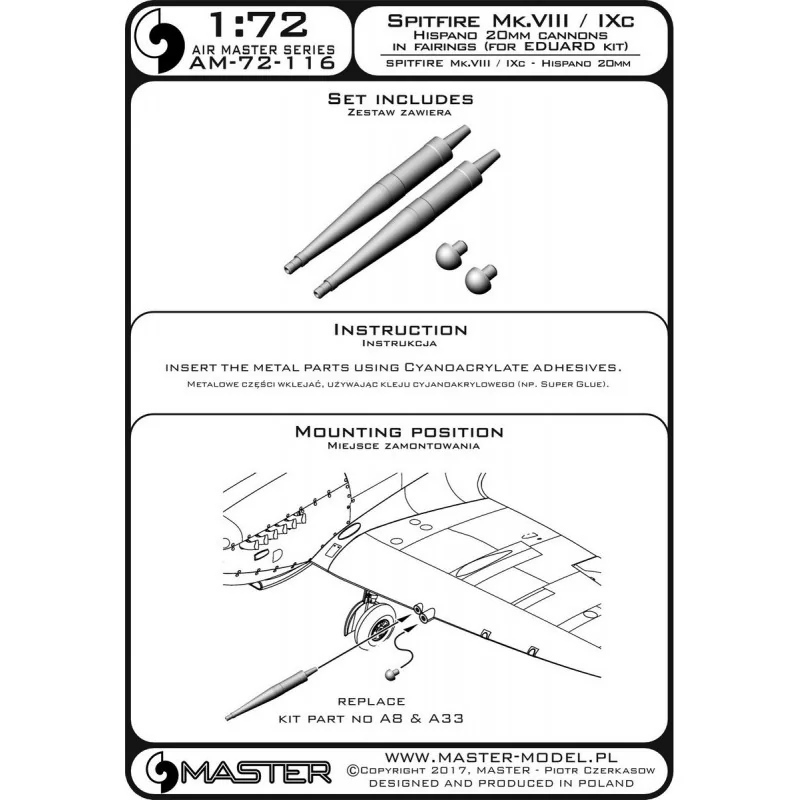 Supermarine Spitfire Mk.VIII/Mk.IXc - Canons Hispano 20 mm dans les carénages (conçus pour être utilisés avec les kits Eduard