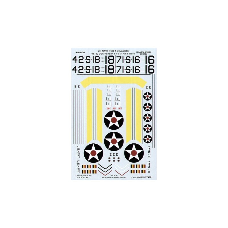 Décal Douglas TBD-1 'Devastator' (2) 42-S-18 VS-42 Aileron vert saule USS Ranger; 71-S-16 VS-71 Aileron noir USS Wasp