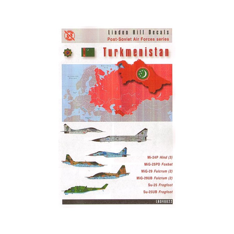 Décal Forces aériennes post-soviétiques du Turkménistan. Mikoyan MiG-25, Mikoyan MiG-29A, Sukhoi Su-25, Mil Mi-8, Mil Mi-24