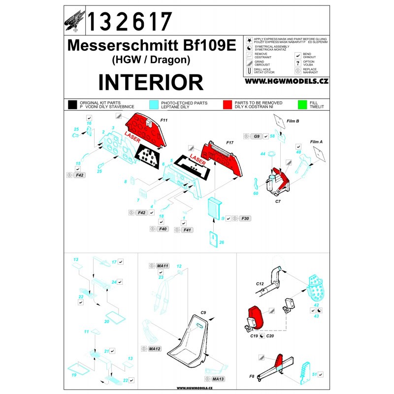 Messerschmitt Bf-109E - Pièces intérieures en PE (conçues pour être utilisées avec les kits Cyber-Hobby, Dragon et HGW)
