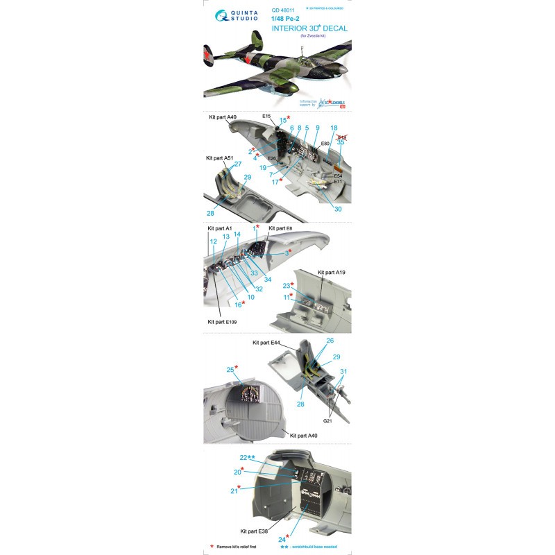 Décalcomanie Petlyakov Pe-2 Intérieur coloré et imprimé en 3D sur papier autocollant (conçu pour être utilisé avec les kits Zvez