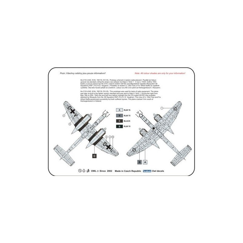 Décal Heinkel He-219A-0 DV+DL (conçu pour être utilisé avec les kits Dragon) [He-219A-5/R4 He-219A-7 He-219A-0]