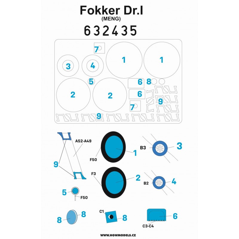 Masque de peinture Fokker Dr.I Triplane pour roues, etc. (conçu pour être utilisé avec les kits Meng Models)