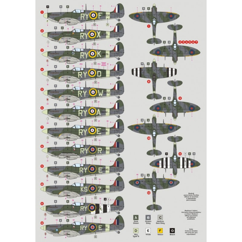 Décal No.313 (tchécoslovaque) Sq. Supermarine Spitfire, Pt.21. Spitfire Mk.IIA, P7834, F/OF