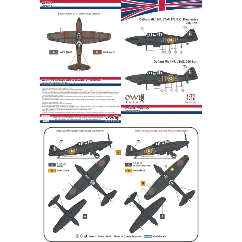 Décal Boulton-Paul Defiant Mk.I Nightfighter Partie 1 JToP (Deanesley) ou JToS