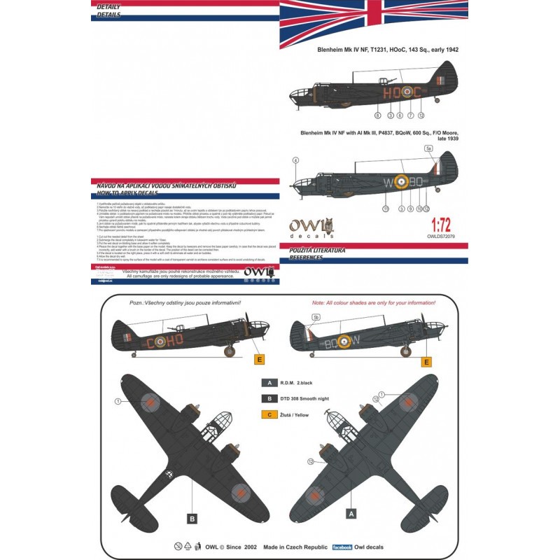 Décal Bristol Blenheim Mk.IV Nightfighter HDoO ou BQoW (avec AI Mk.III)