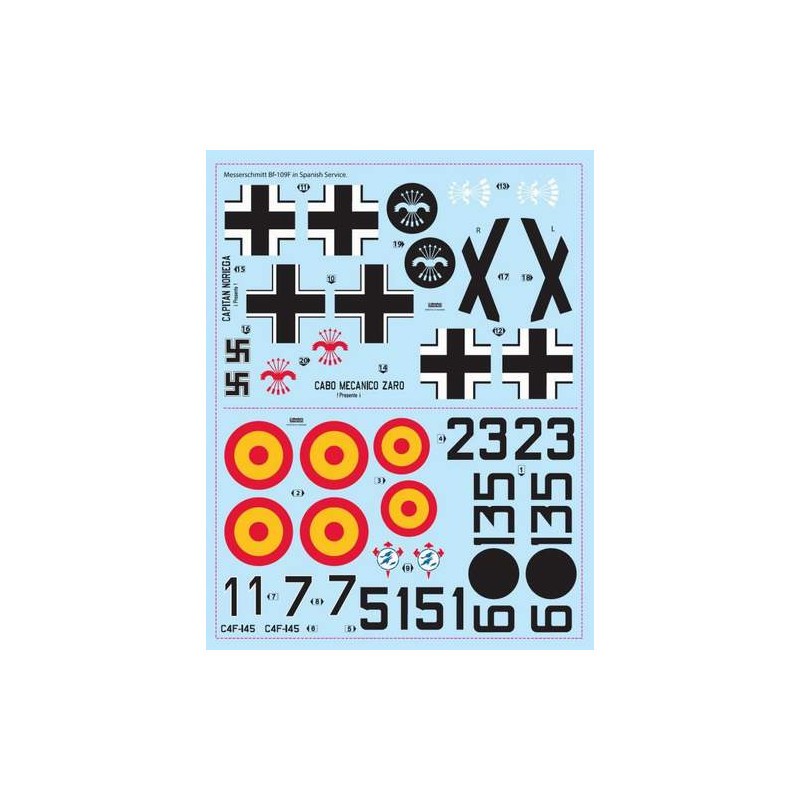 Planche de décalcomanies de l'armée de l'air espagnole Messerschmitt Bf-109F