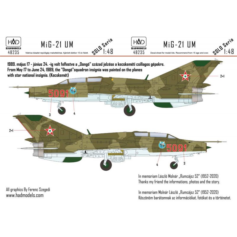 Décal Mikoyan MiG-21UM HUNAF 5091 Escadron Dongó