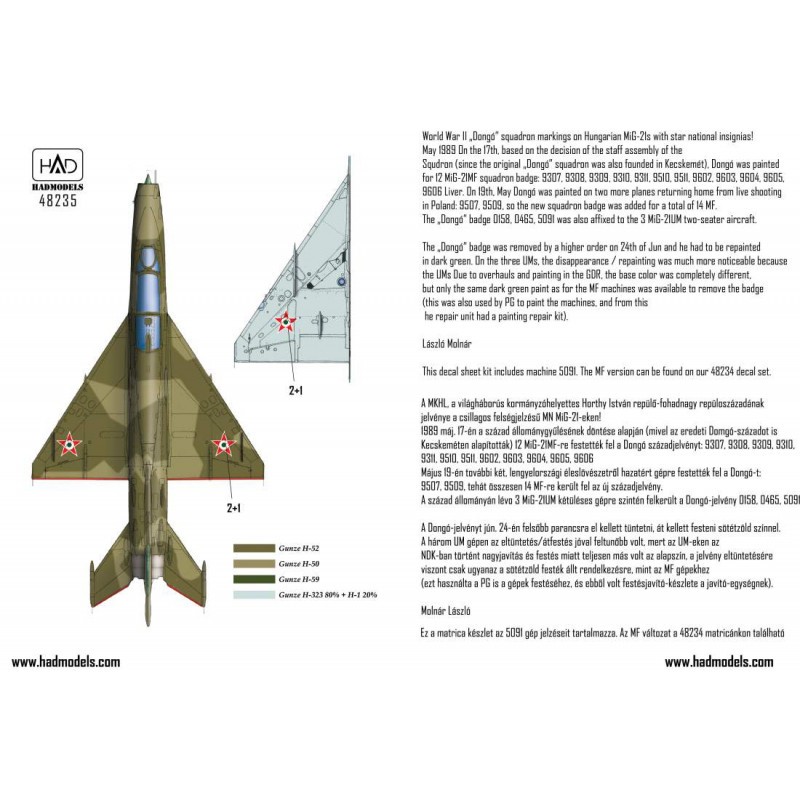 Décal Mikoyan MiG-21UM HUNAF 5091 Escadron Dongó