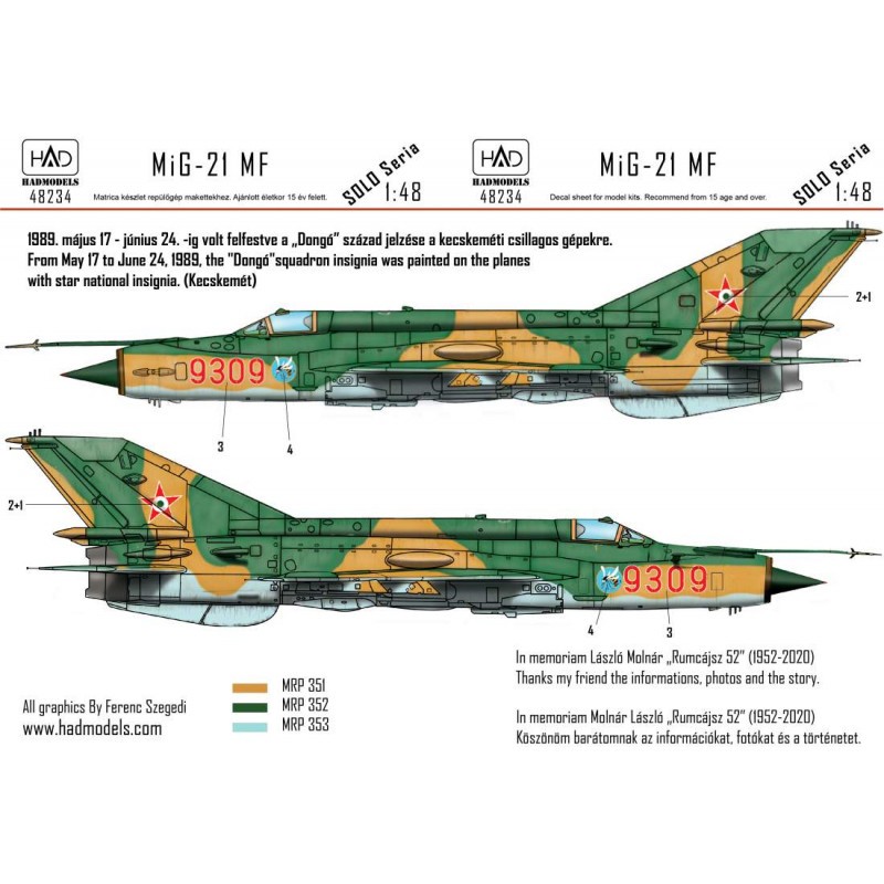 Décal Mikoyan MiG-21MF HUNAF 9309 Escadron Dongó