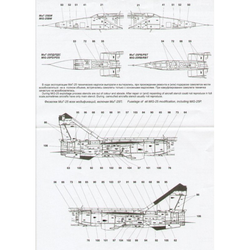 Décal Données de pochoir Mikoyan MiG-25 Foxbat