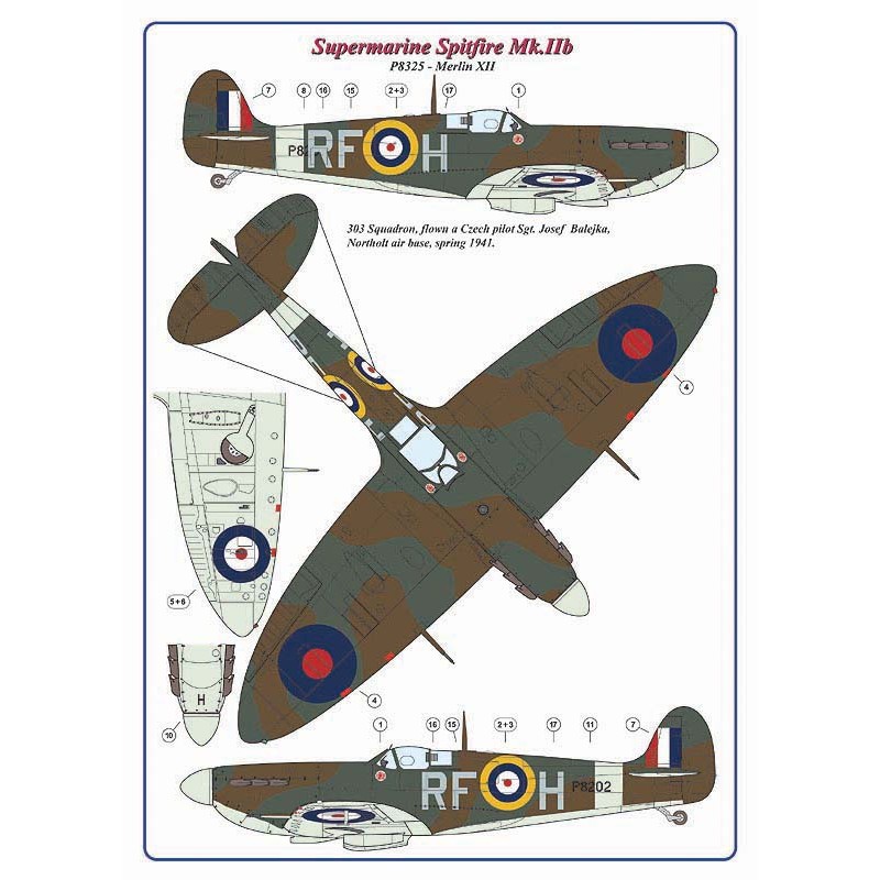 303 Squadron RAF, Supermarine Spitfire Mk.IIb, piloté par le pilote tchèque Sgt.J.Balejka Decals – impressions numériques