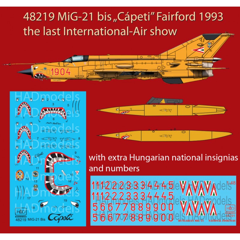 Mikoyan MiG-21 bis Capeti 1993 le dernier vol + insignes nationaux hongrois avec numéros