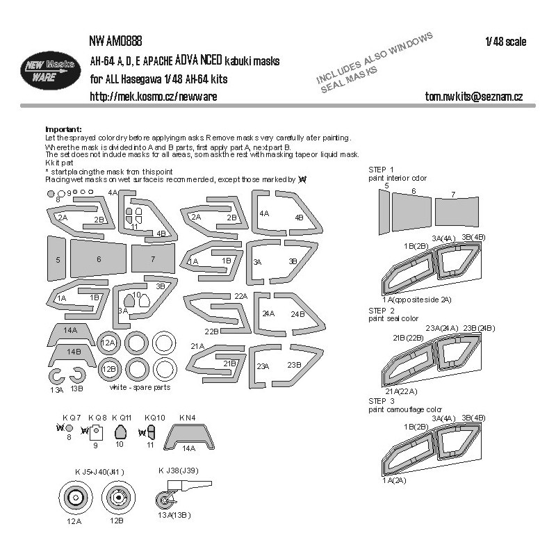 Boeing/Hughes AH-64 Apache A/D/E Canopy Mask ADVANCED (conçu pour être utilisé avec tous les kits Hasegawa AH-64A/AH-64D/AH-64E)