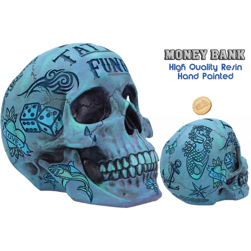 BLUE TATTOO SKULL MONEY BOX