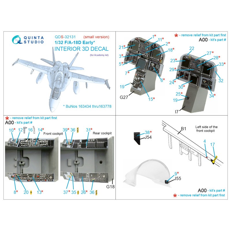 McDonnell-Douglas F/A-18D Early 3D-Printed & coloured Interior on decal paper (designed to be used with Academy kits)(SMALL VERS