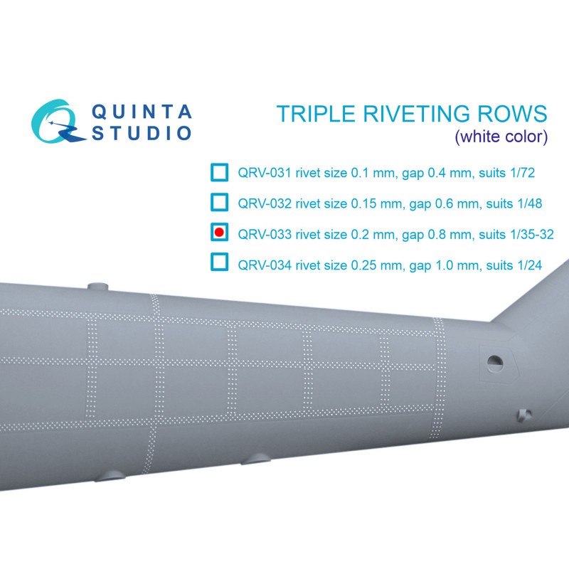 Triple riveting rows (rivet size 0.20 mm, gap 0.8 mm, suits 1/32 scale), White color, total length 3,7 m/12 ft