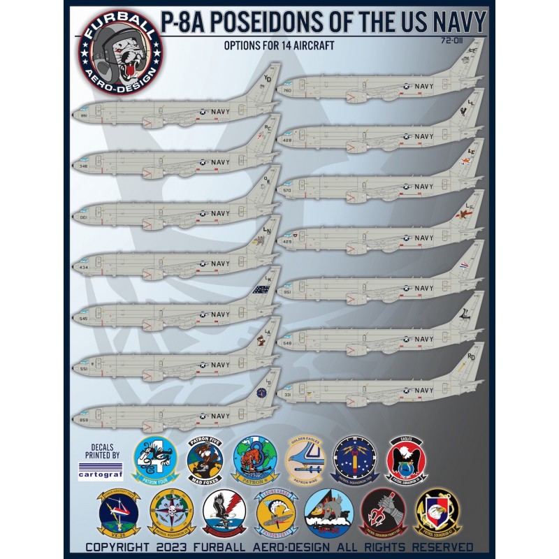 Décal Boeing P-8A Poseidons of the US Navy” features 14 options for the 1/72 BPK P-8A kit