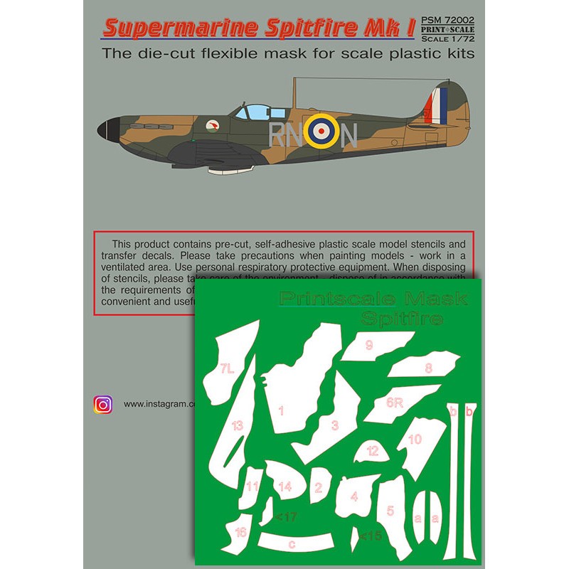 Supermarin Spitfire Mk.I includes camouflage pattern paint mask and decals.Supermarine Spitfire Mk.l, (serial overpainted), RN-N