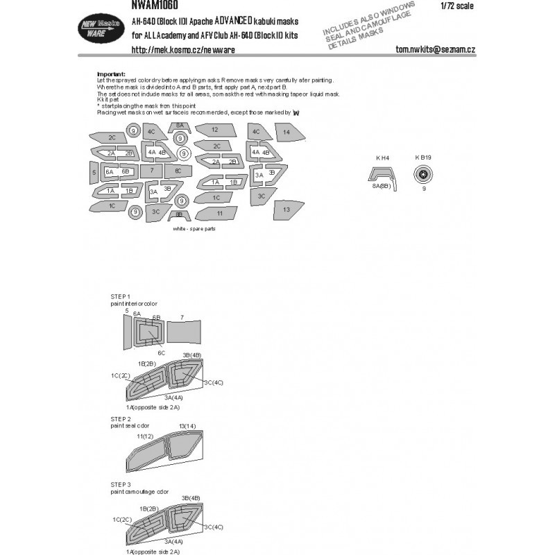 AH-64D (Block II) Apache ADVANCED kabuki masks all windows including seal masks, other clear parts, wheels (designed to be used 