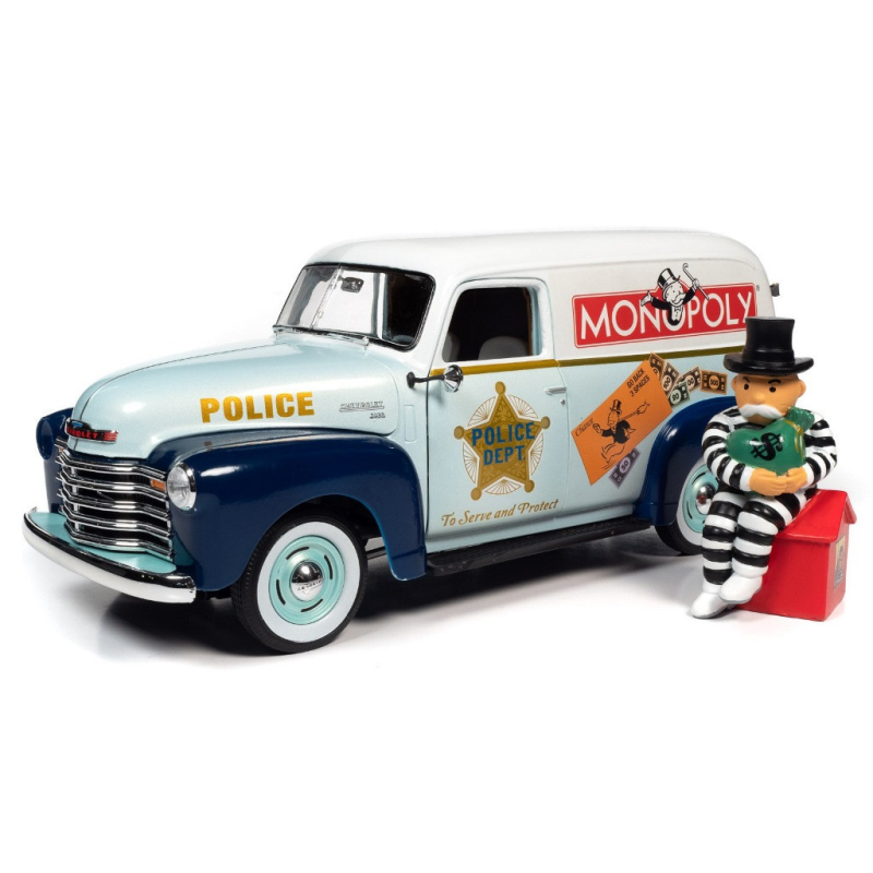 CHEVROLET VAN 1948 "MONOPOLY - POLICE" AVEC FIGURINE Mr MONOPOLY PRISONNIER