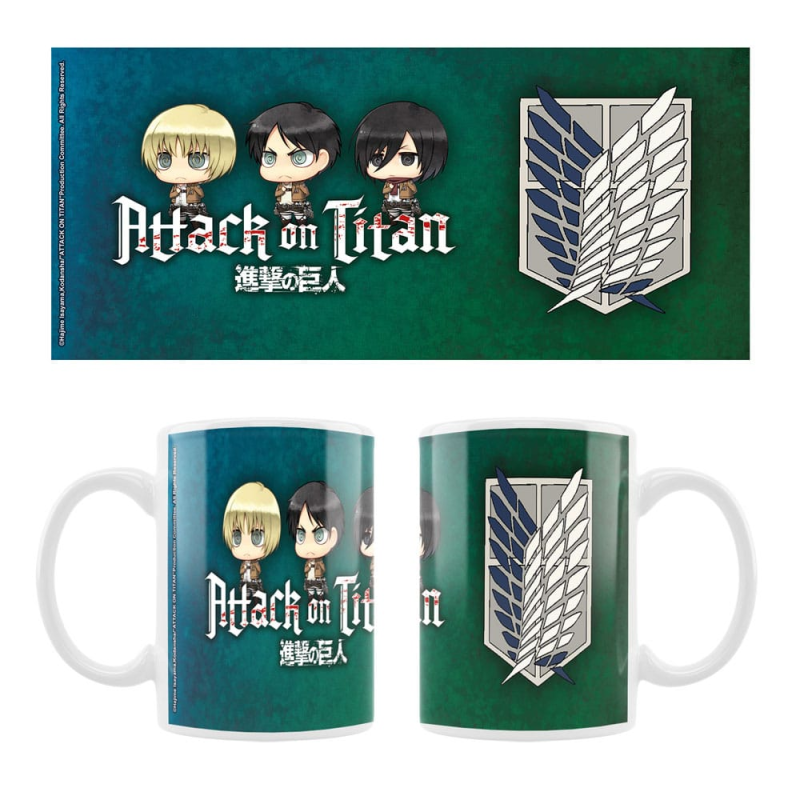  Attack on Titan mug céramique Eren, Mikasa & Armin Chibi Style